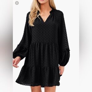 CeCe black XL clip dot sheer sleeve dress with V-neck and ruffled collar.  NWT